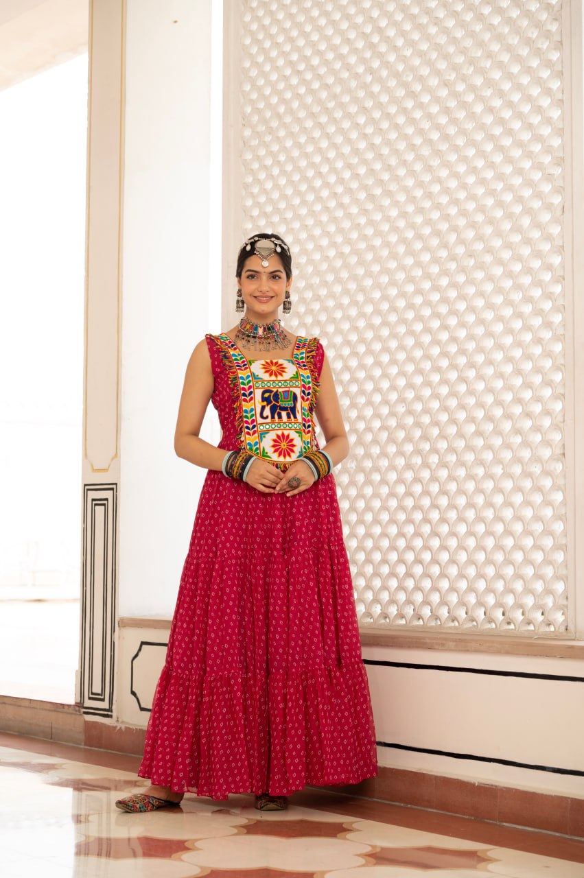 Maroon Bandhani Gujarati Patchwork Navratri Gown