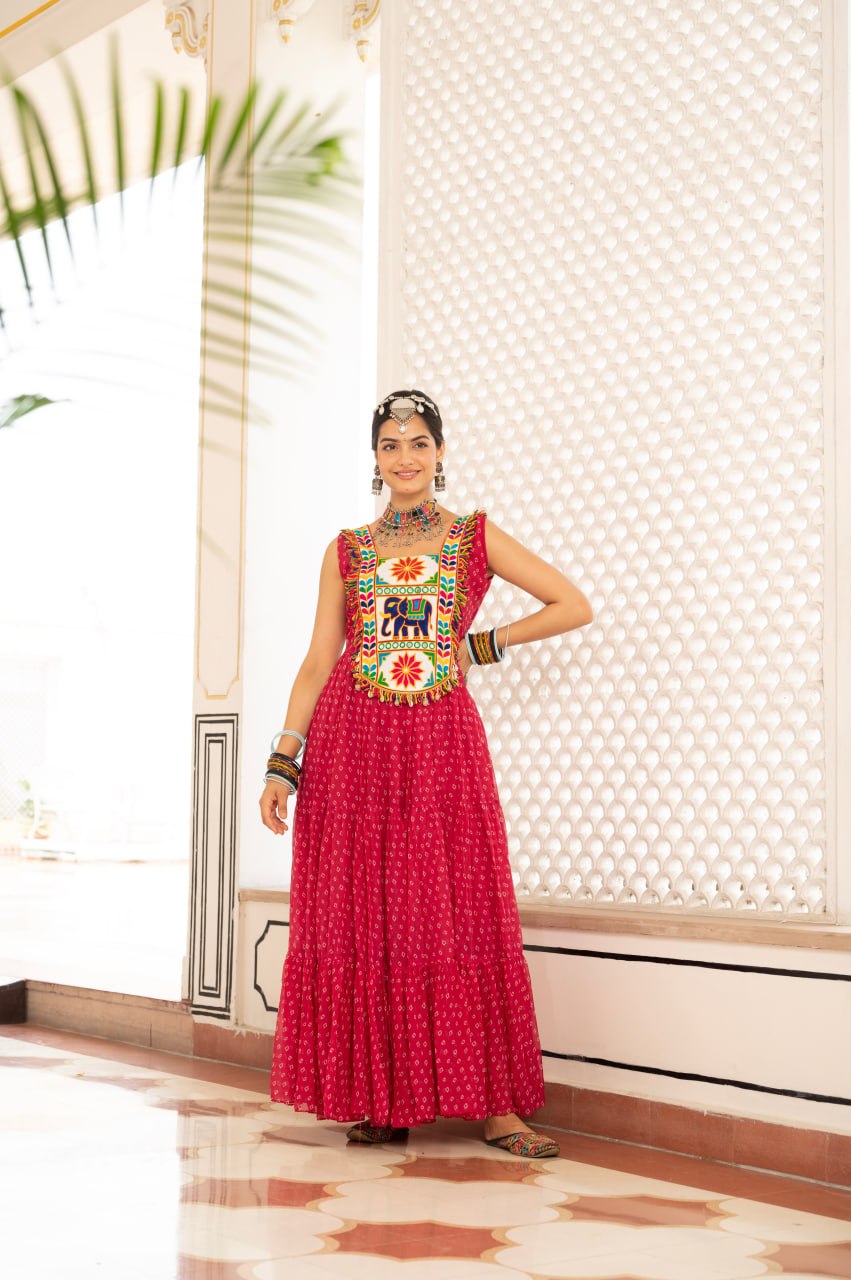 Maroon Bandhani Gujarati Patchwork Navratri Gown