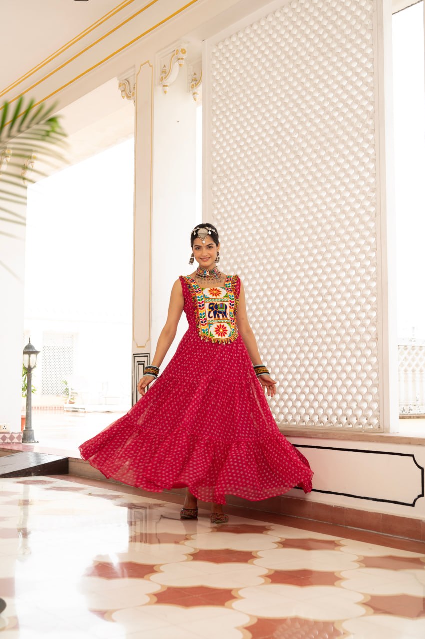 Maroon Bandhani Gujarati Patchwork Navratri Gown