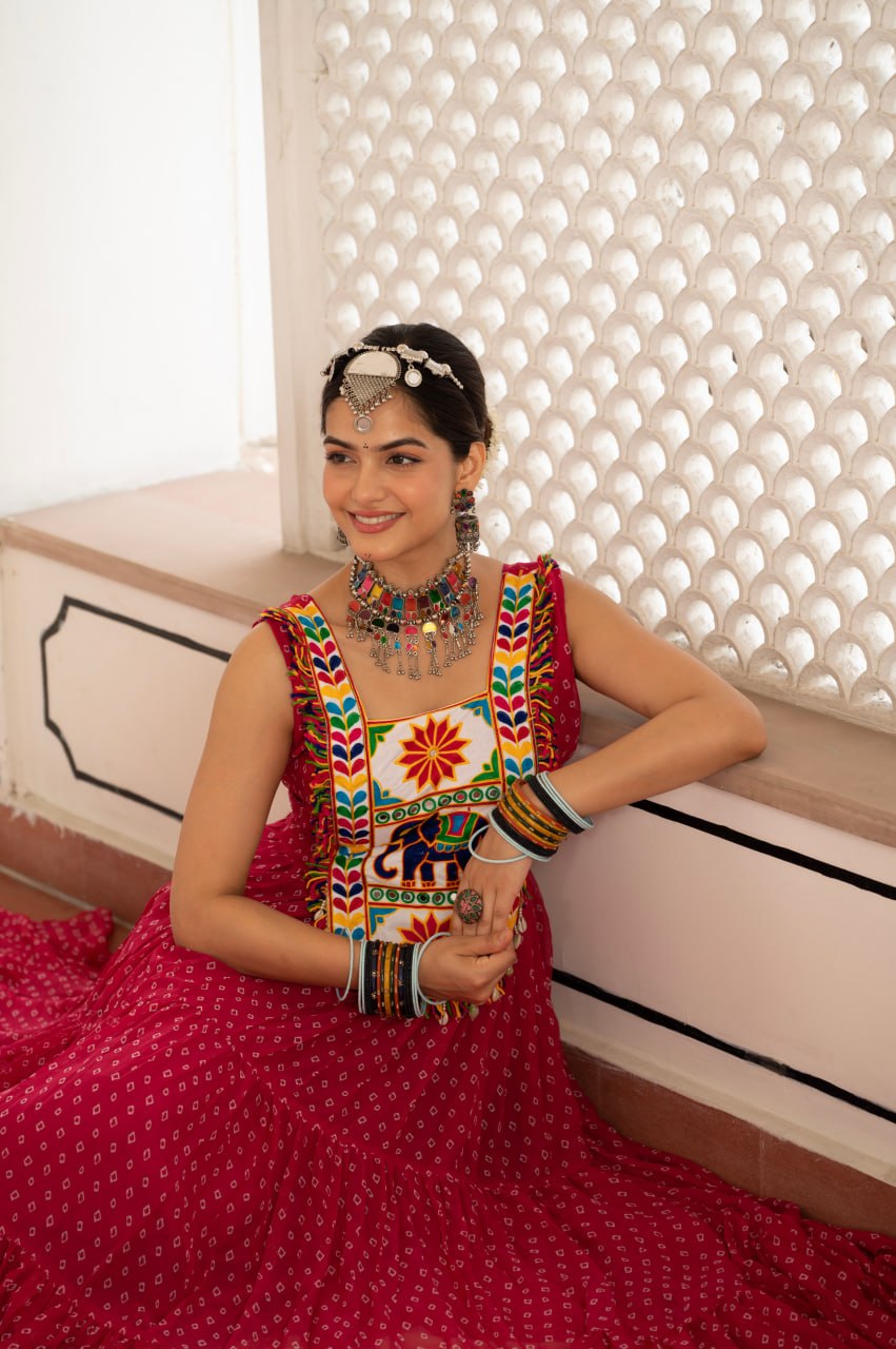 Maroon Bandhani Gujarati Patchwork Navratri Gown