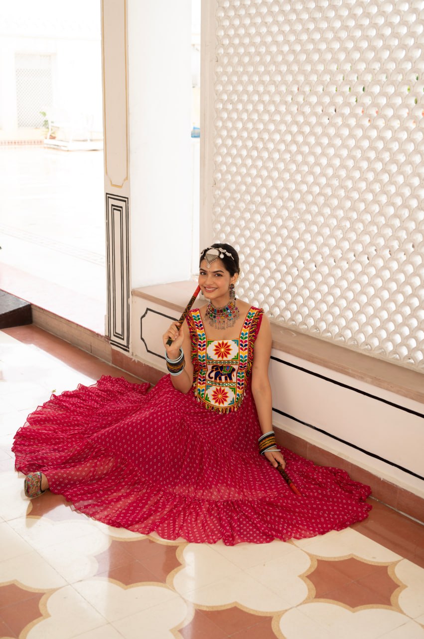 Maroon Bandhani Gujarati Patchwork Navratri Gown