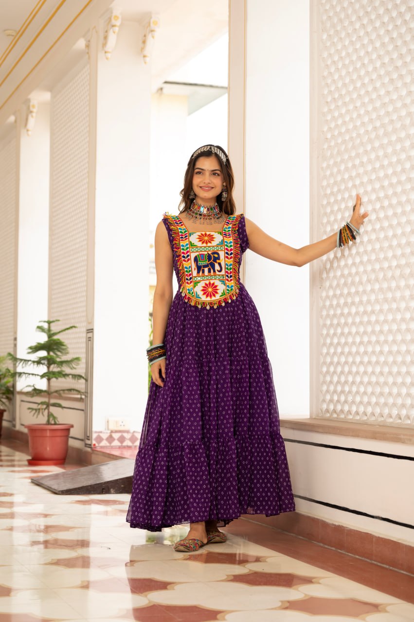 Purple Bandhani Kutchi Patchwork Navratri Gown