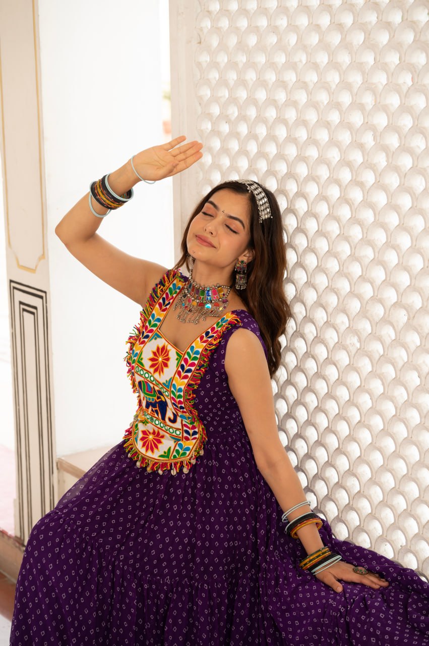Purple Bandhani Kutchi Patchwork Navratri Gown