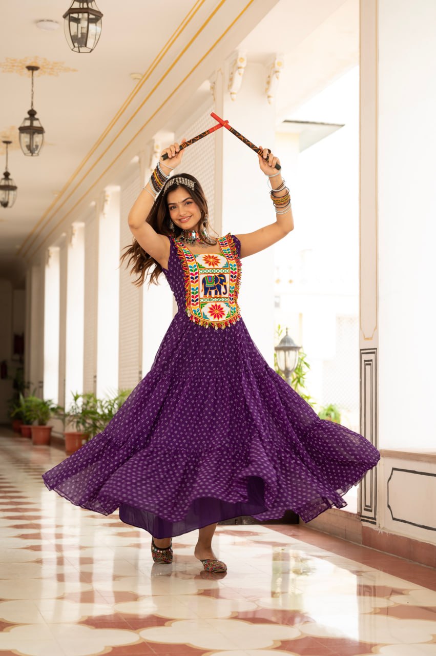 Purple Bandhani Kutchi Patchwork Navratri Gown