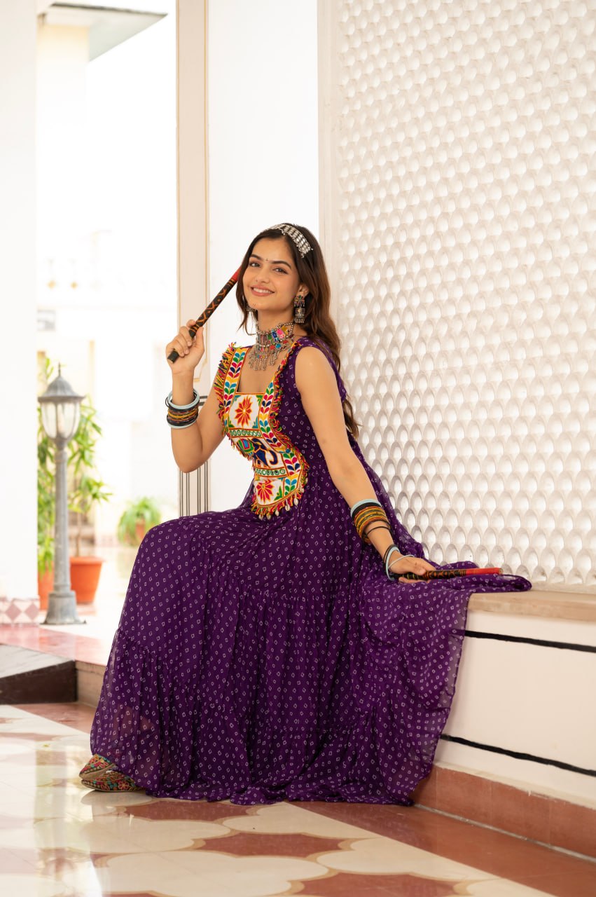 Purple Bandhani Kutchi Patchwork Navratri Gown