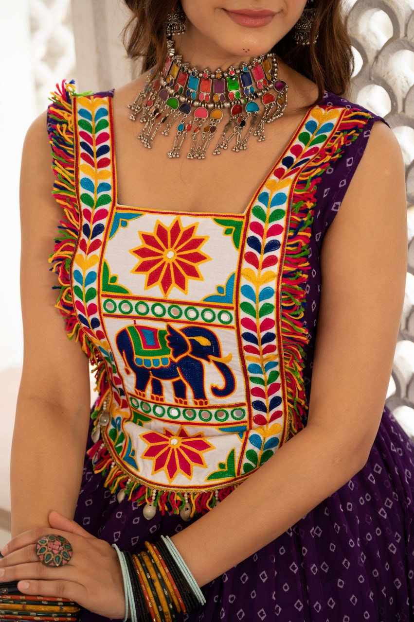 Purple Bandhani Kutchi Patchwork Navratri Gown
