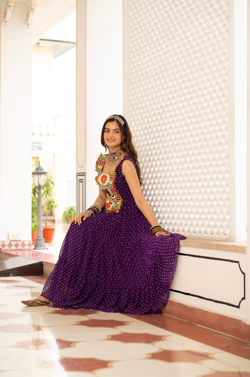 Purple Bandhani Kutchi Patchwork Navratri Gown
