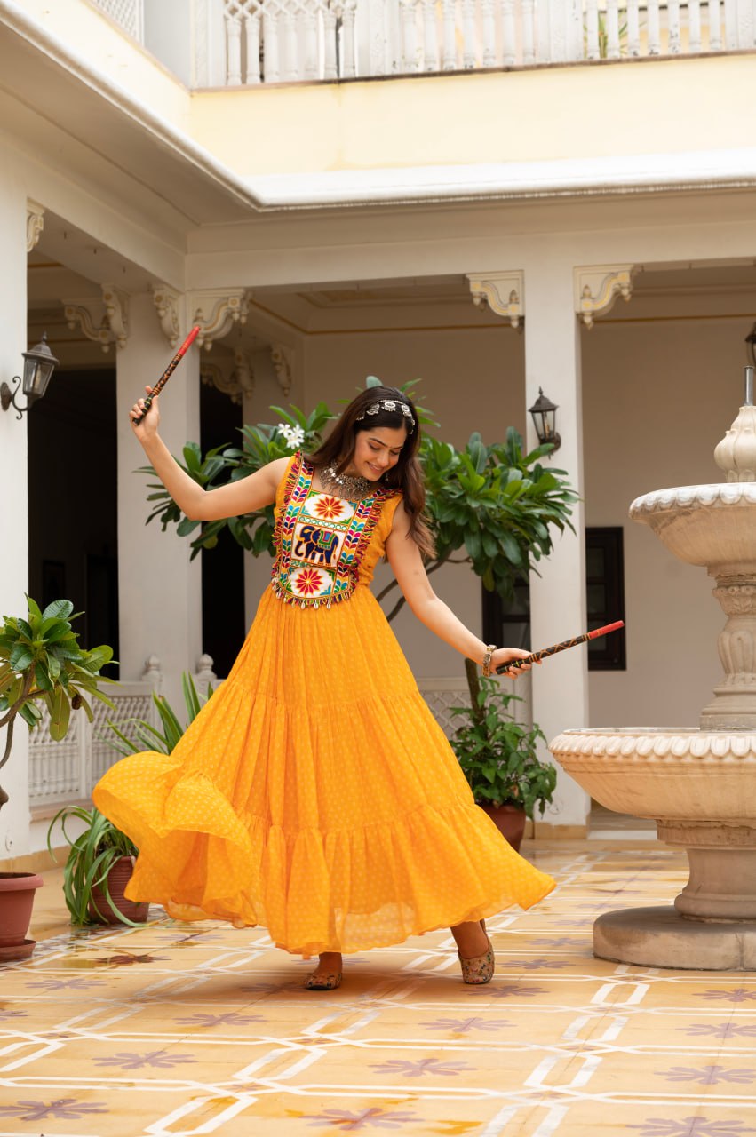 Mustard Yellow Bandhani Kutchi Patchwork Navratri Gown