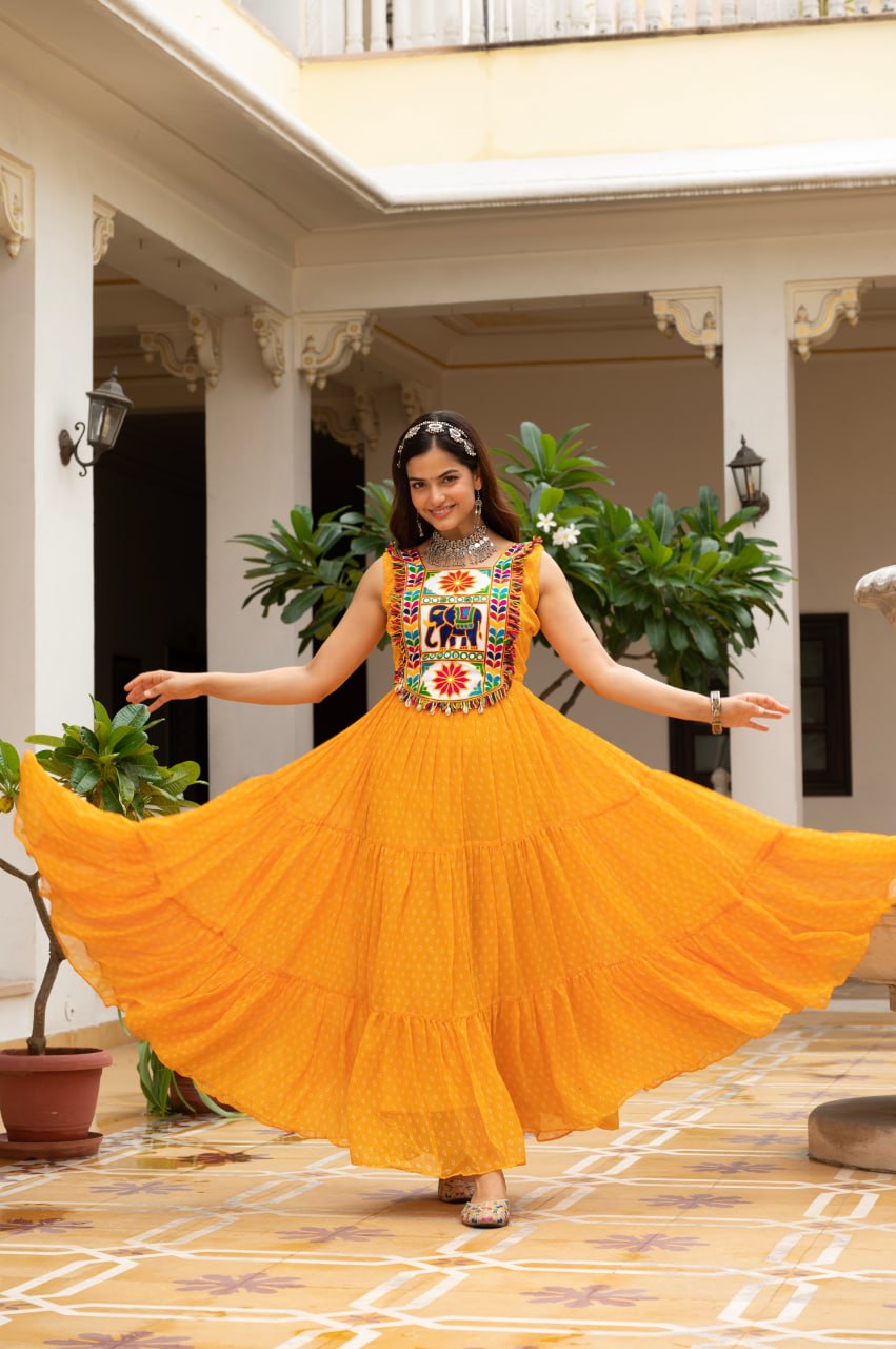Mustard Yellow Bandhani Kutchi Patchwork Navratri Gown
