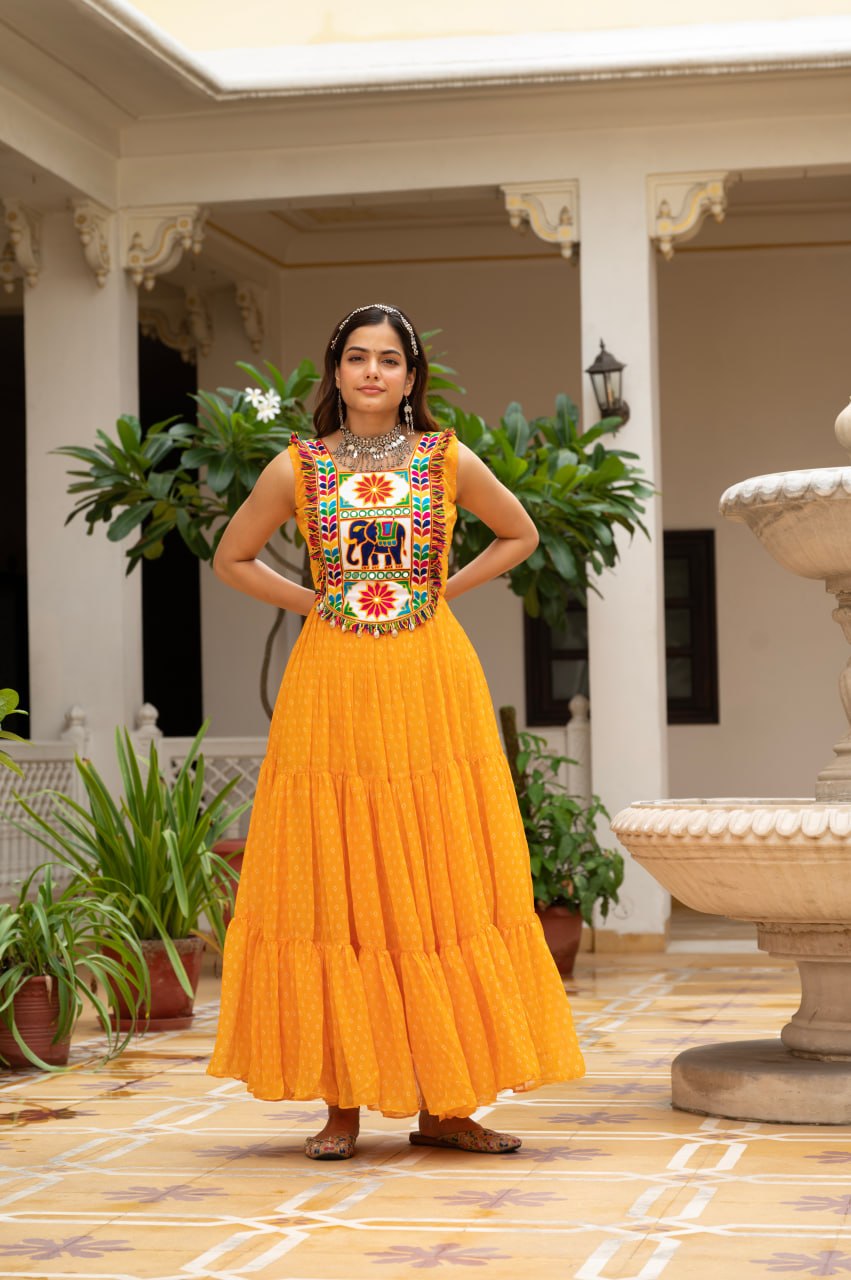 Mustard Yellow Bandhani Kutchi Patchwork Navratri Gown