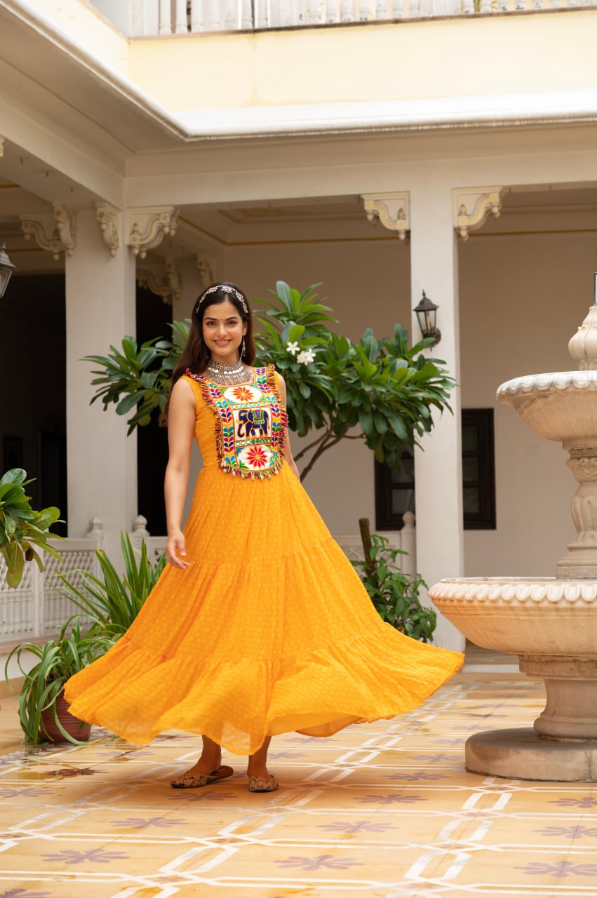 Mustard Yellow Bandhani Kutchi Patchwork Navratri Gown