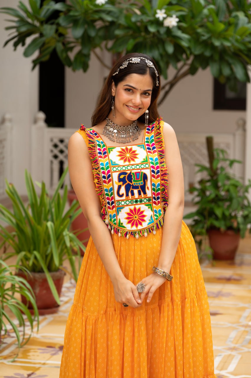 Mustard Yellow Bandhani Kutchi Patchwork Navratri Gown