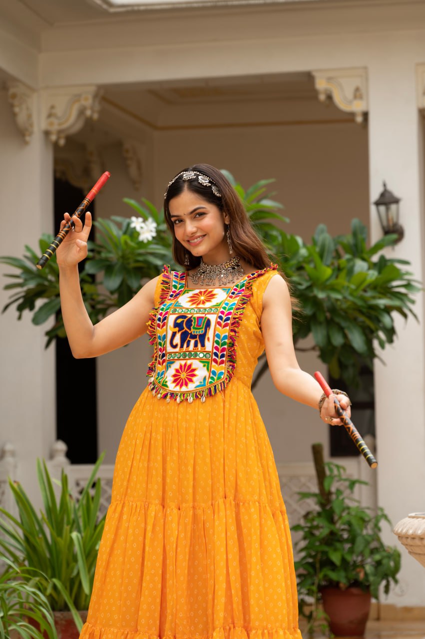 Mustard Yellow Bandhani Kutchi Patchwork Navratri Gown