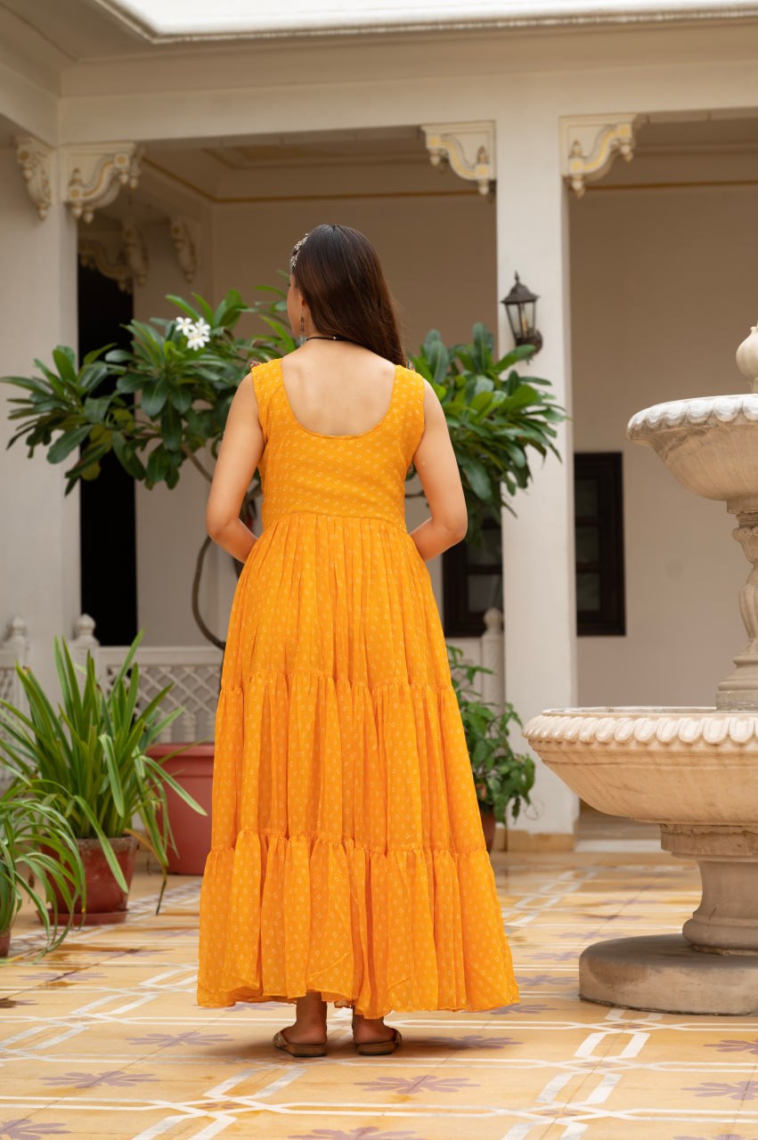 Mustard Yellow Bandhani Kutchi Patchwork Navratri Gown