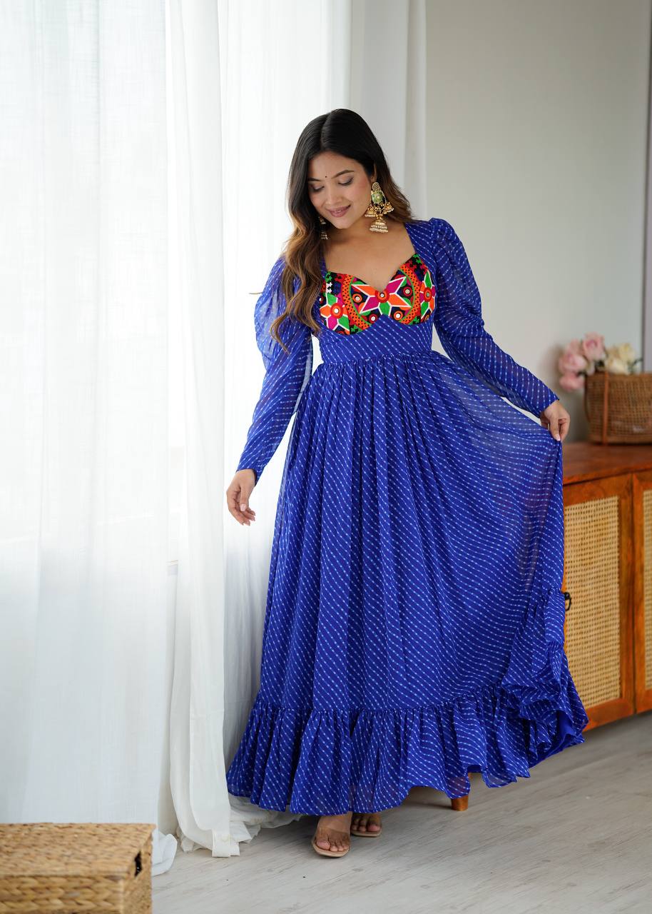 Royal Blue Georgette Digital Print Gown with Chain-Stitch Work & Tassels