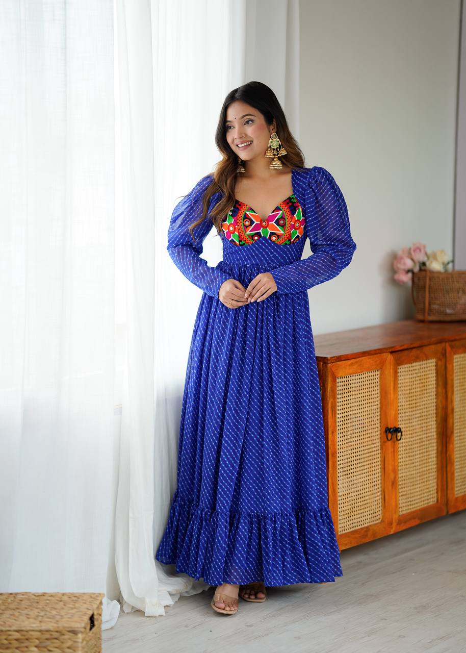 Royal Blue Georgette Digital Print Gown with Chain-Stitch Work & Tassels