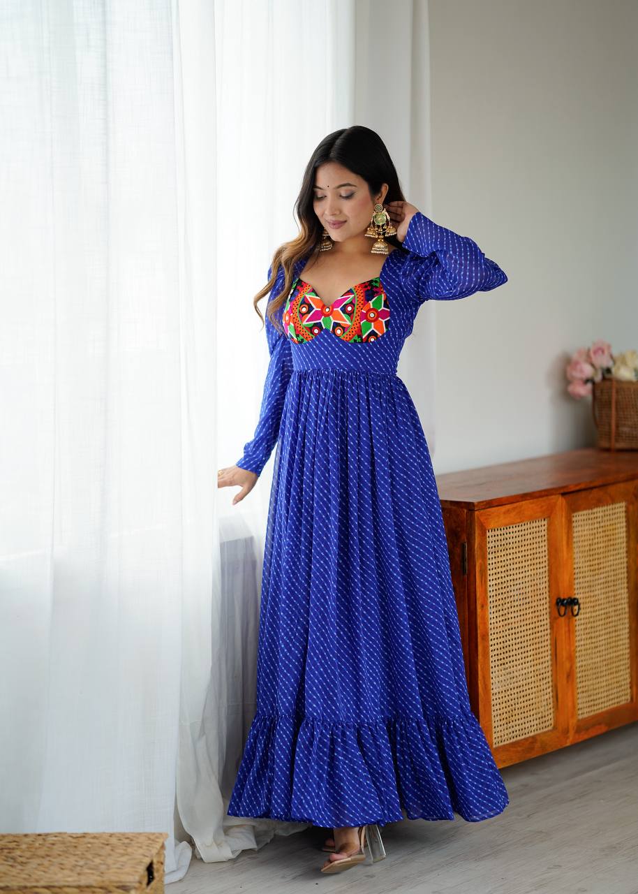 Royal Blue Georgette Digital Print Gown with Chain-Stitch Work & Tassels