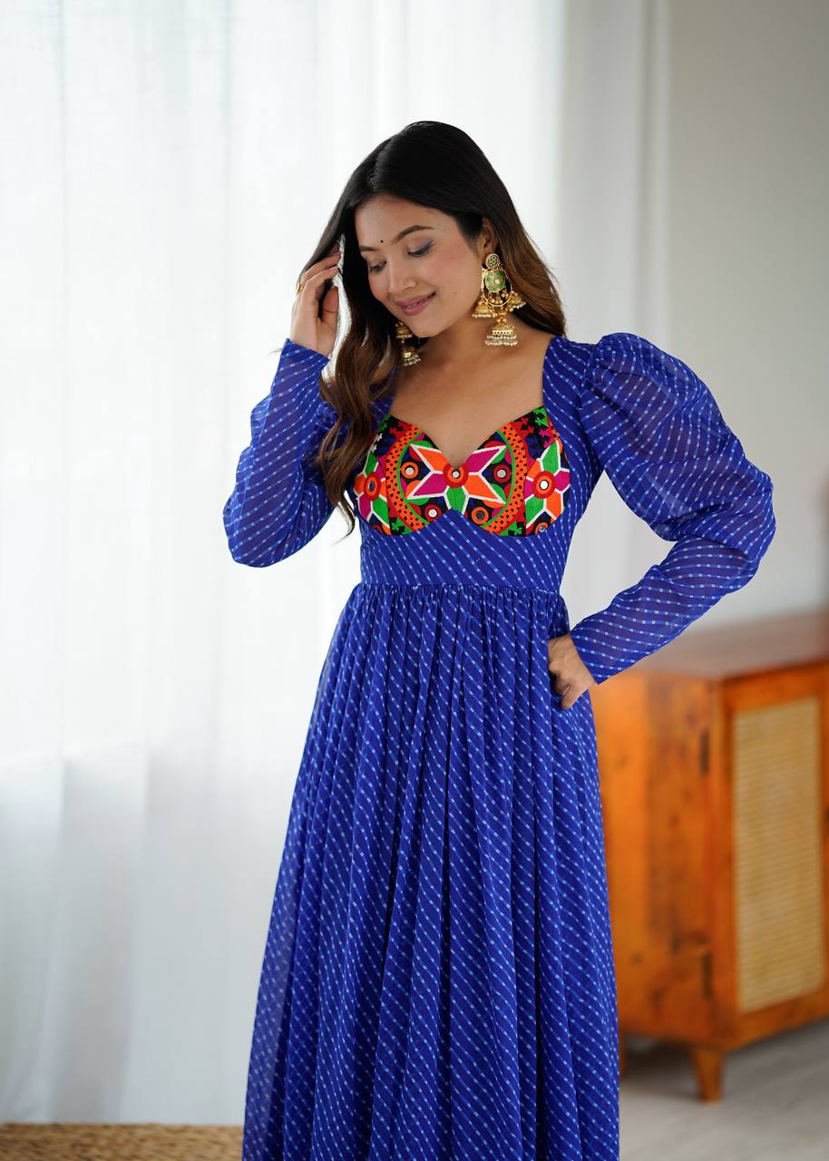 Royal Blue Georgette Digital Print Gown with Chain-Stitch Work & Tassels