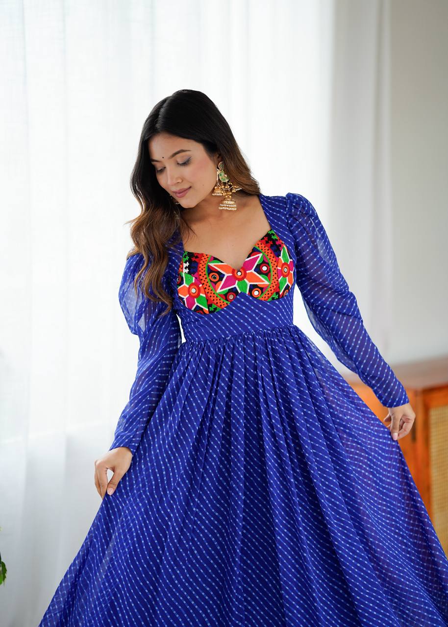 Royal Blue Georgette Digital Print Gown with Chain-Stitch Work & Tassels
