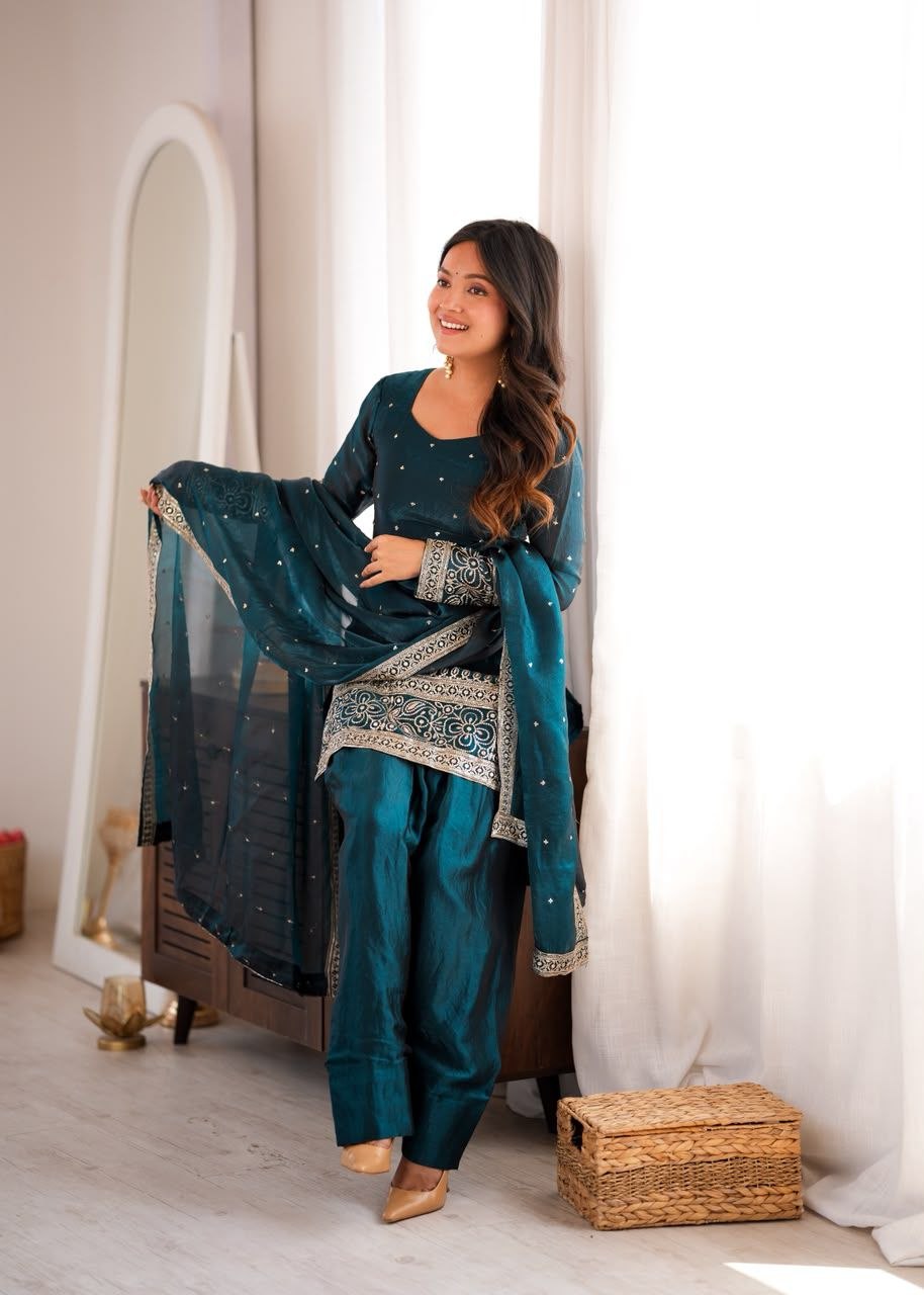 Teal Fendy Silk Farshi Shalwar Suit Set with Embroidery, Sequin & Zari Work