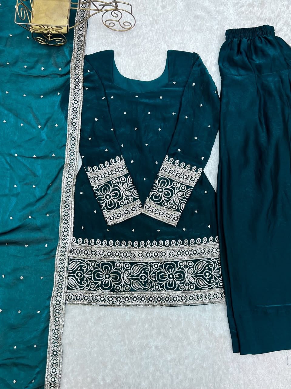 Teal Fendy Silk Farshi Shalwar Suit Set with Embroidery, Sequin & Zari Work