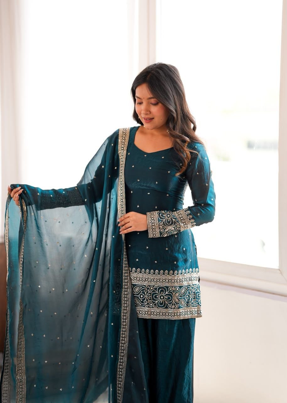 Teal Fendy Silk Farshi Shalwar Suit Set with Embroidery, Sequin & Zari Work