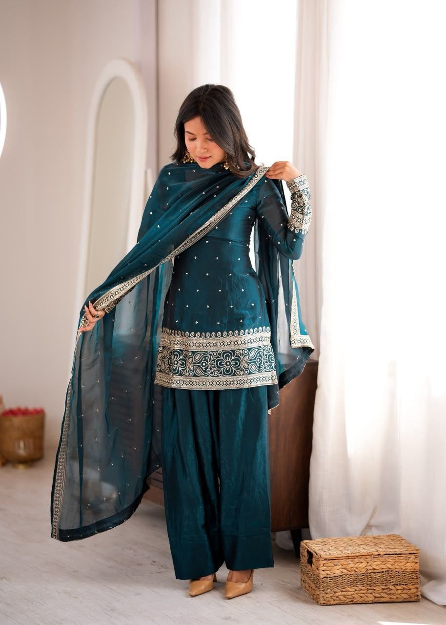 Teal Fendy Silk Farshi Shalwar Suit Set with Embroidery, Sequin & Zari Work