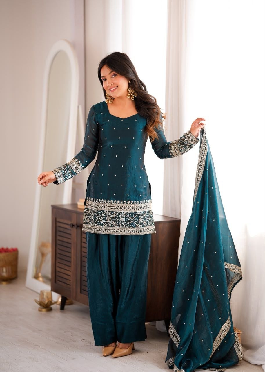 Teal Fendy Silk Farshi Shalwar Suit Set with Embroidery, Sequin & Zari Work