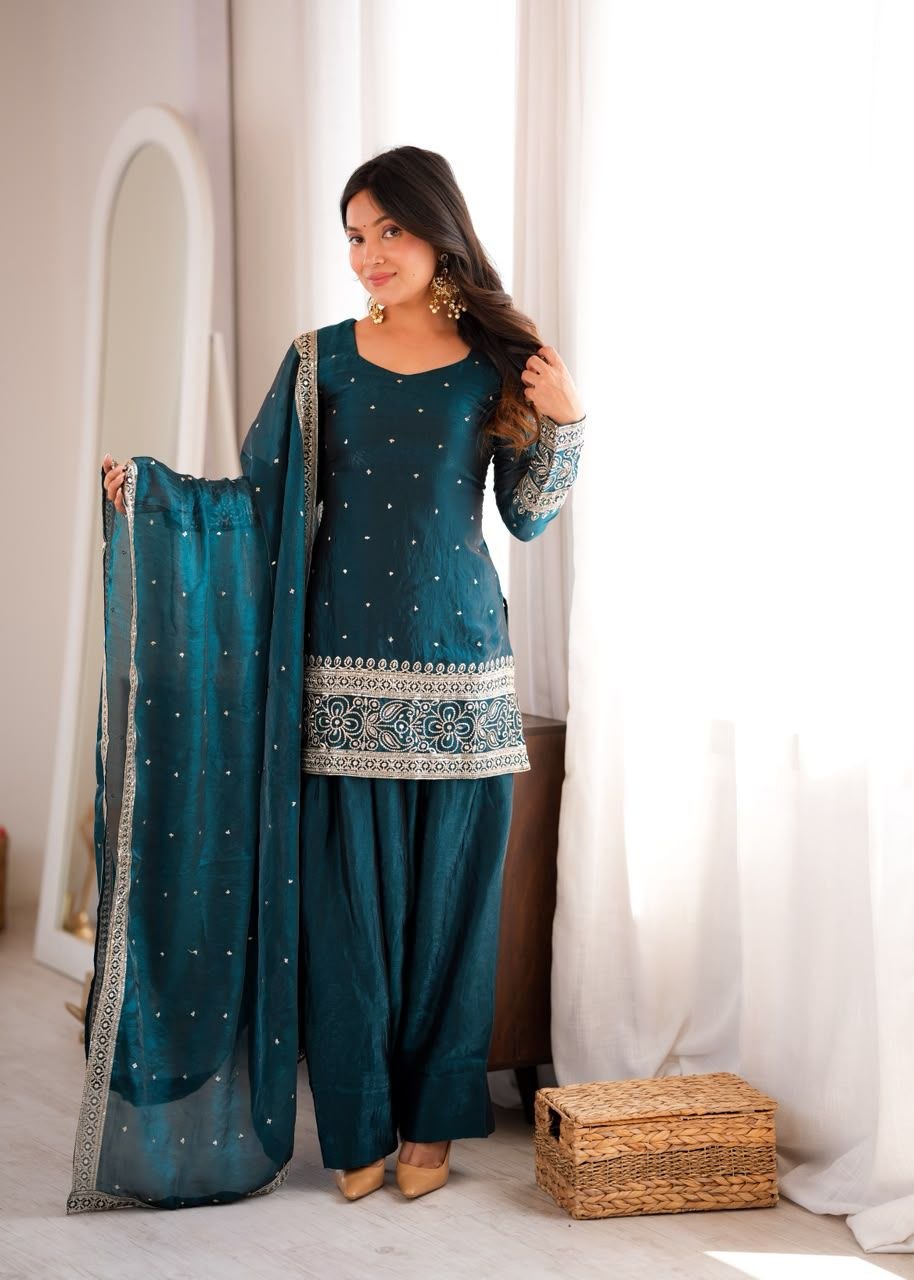 Teal Fendy Silk Farshi Shalwar Suit Set with Embroidery, Sequin & Zari Work