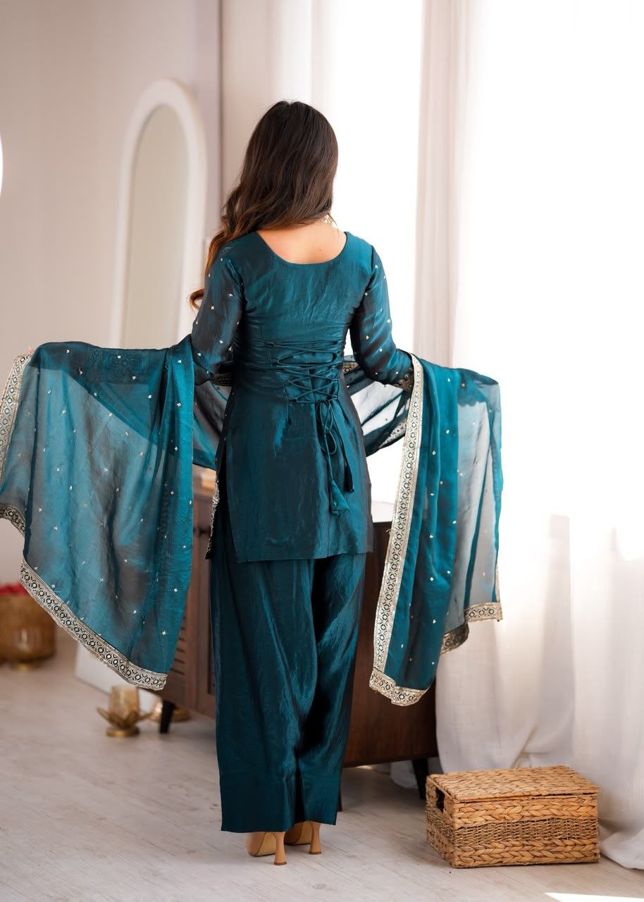 Teal Fendy Silk Farshi Shalwar Suit Set with Embroidery, Sequin & Zari Work