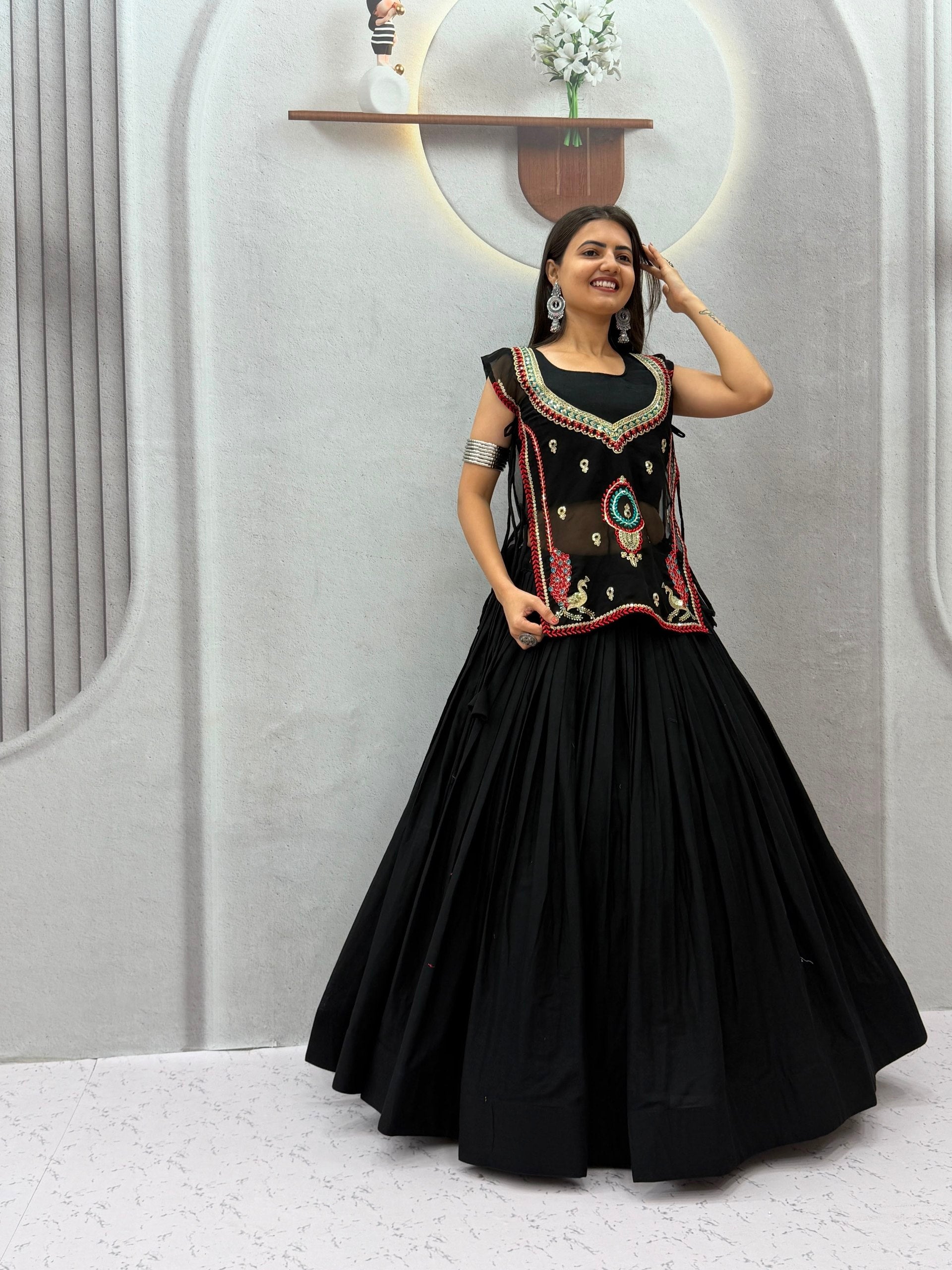 Black Pure Khadi Cotton Lehenga Choli with Embroidered Shrug