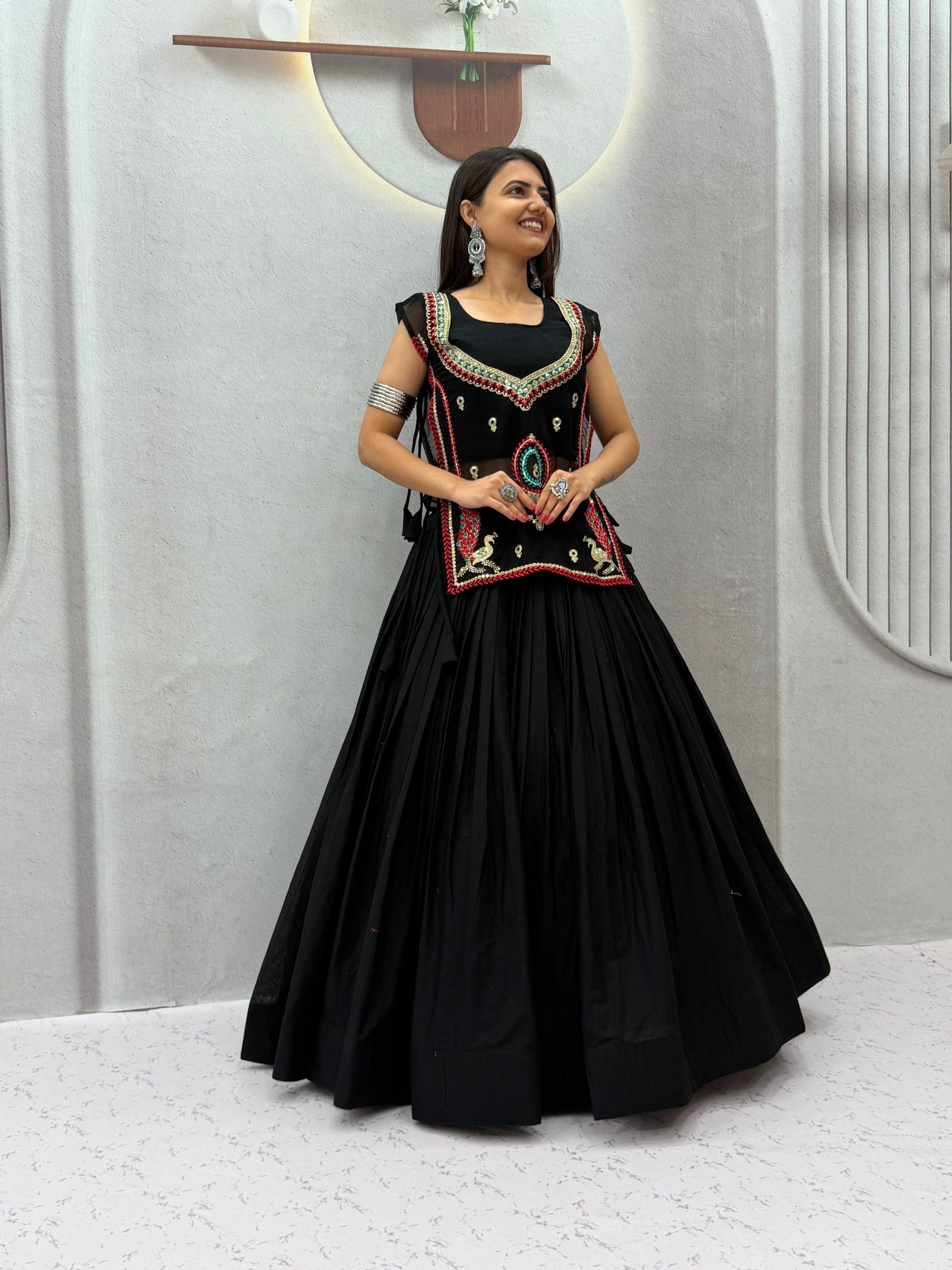 Black Pure Khadi Cotton Lehenga Choli with Embroidered Shrug