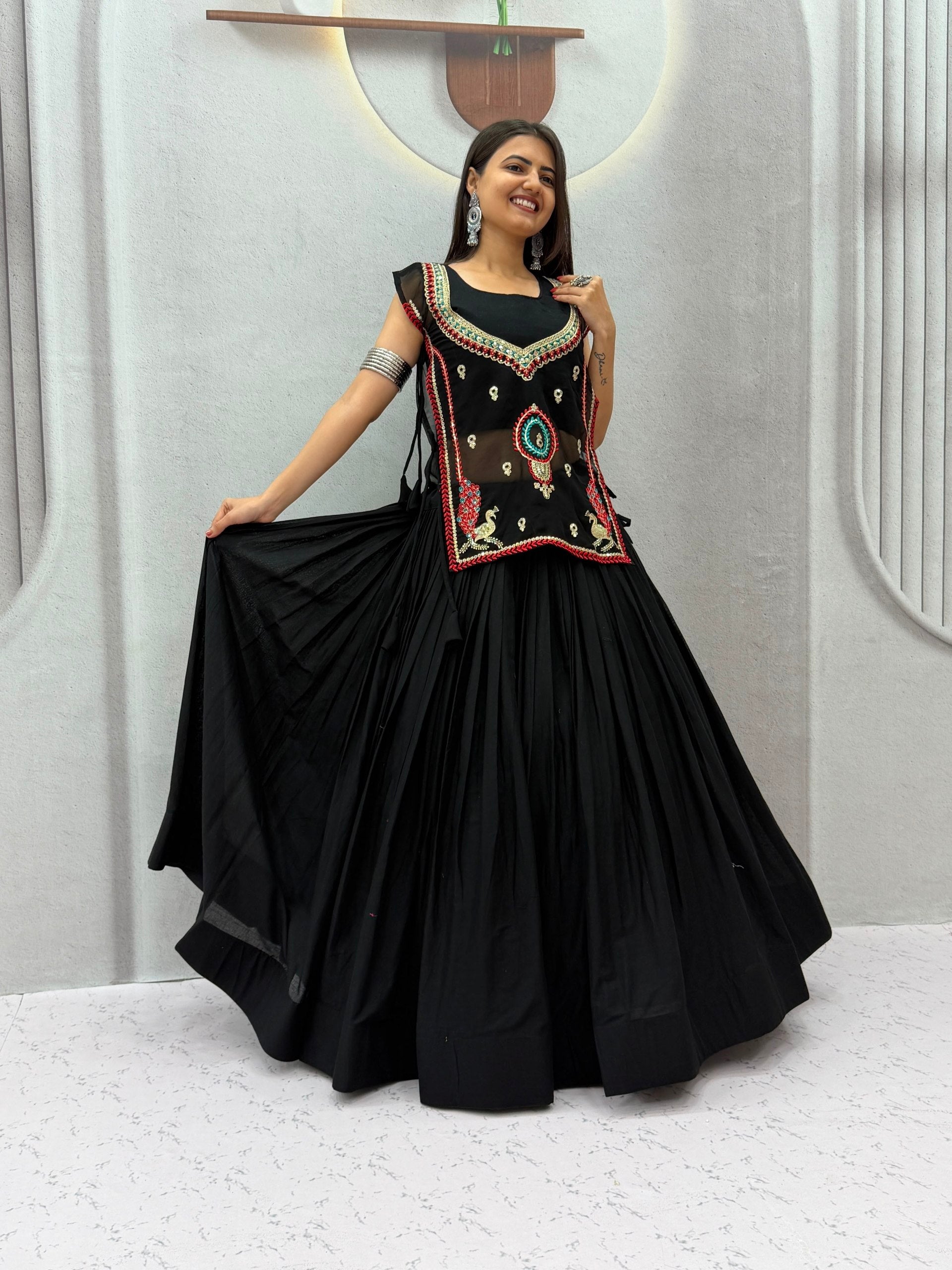 Black Pure Khadi Cotton Lehenga Choli with Embroidered Shrug