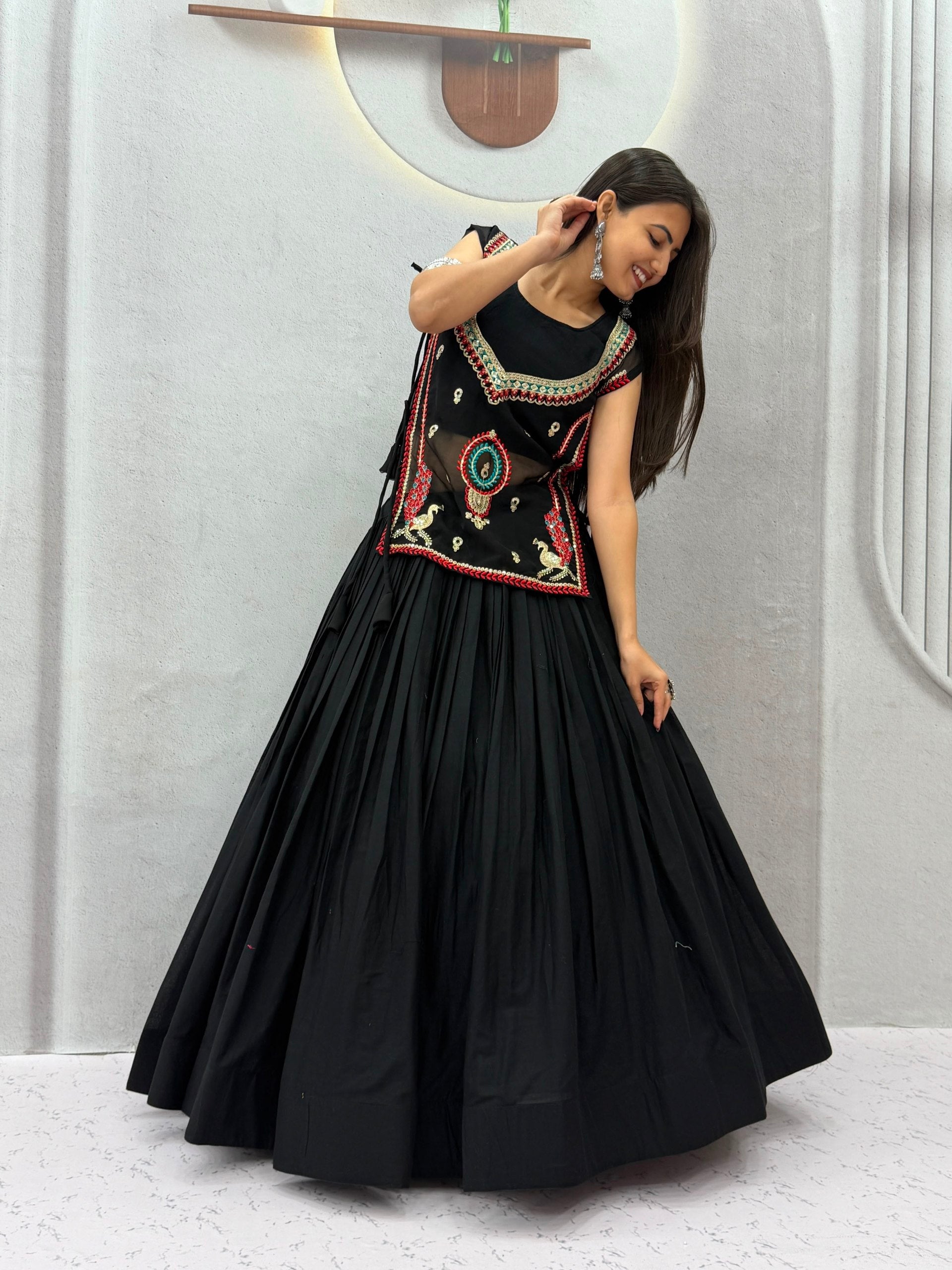 Black Pure Khadi Cotton Lehenga Choli with Embroidered Shrug