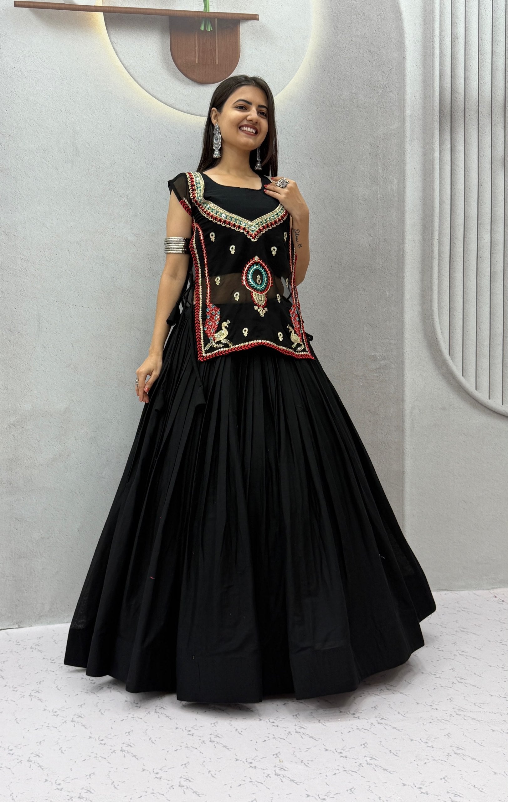 Black Pure Khadi Cotton Lehenga Choli with Embroidered Shrug