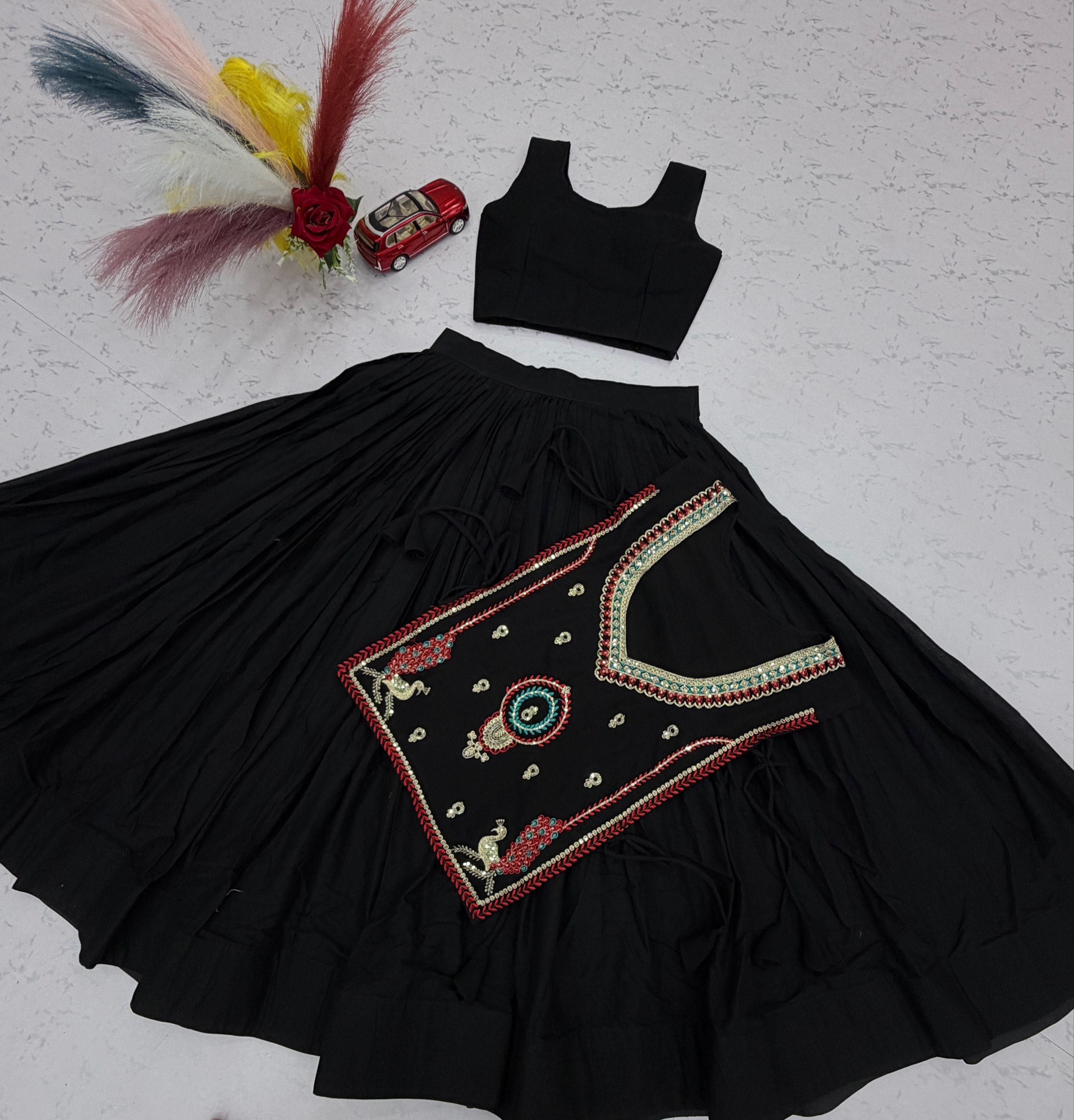 Black Pure Khadi Cotton Lehenga Choli with Embroidered Shrug