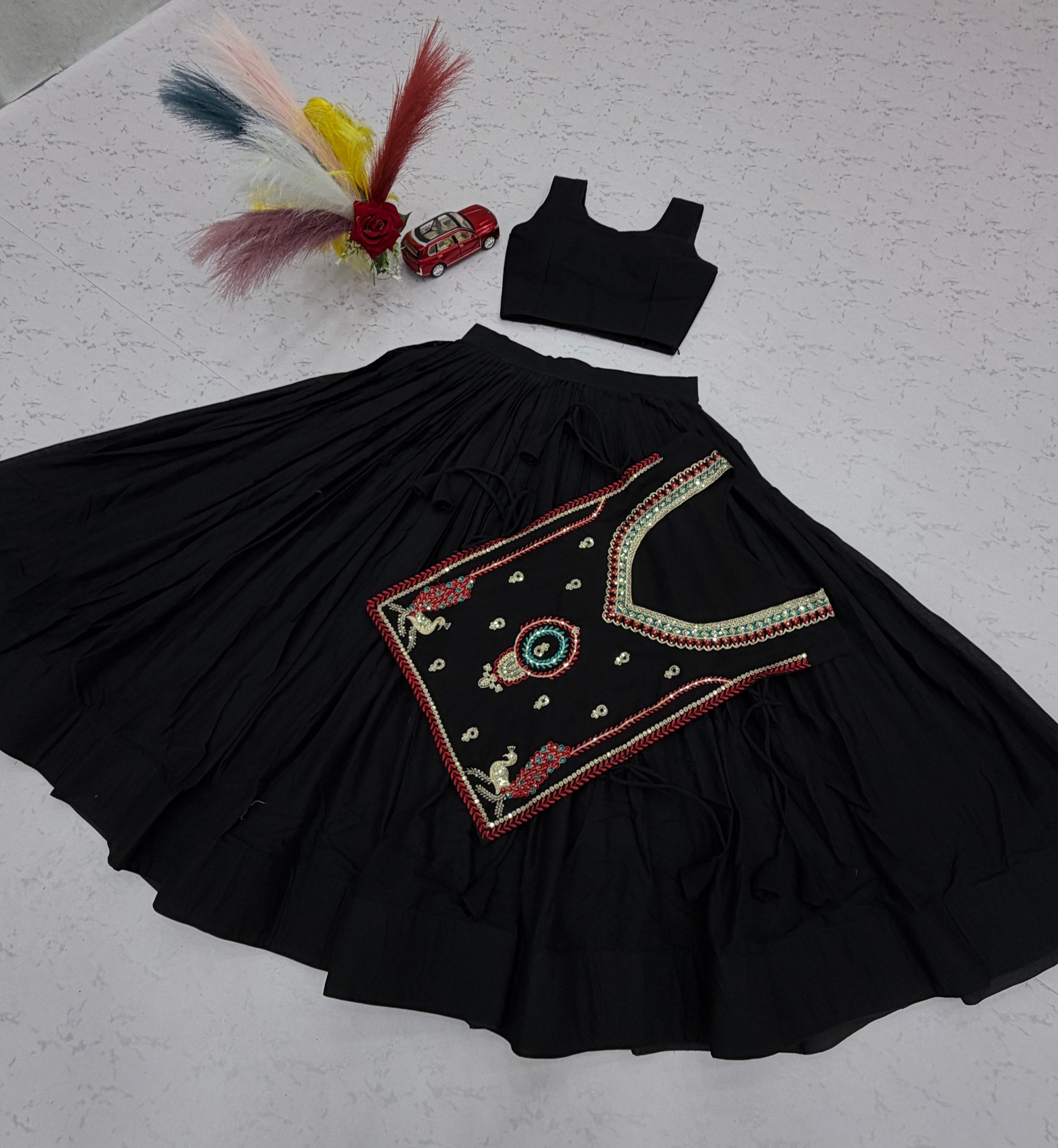 Black Pure Khadi Cotton Lehenga Choli with Embroidered Shrug