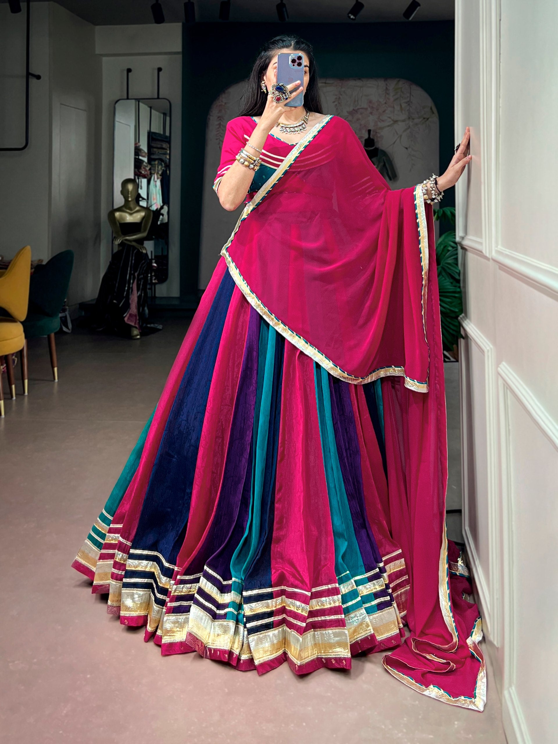 Rani Pink Teal & Navy Blue Chinon Navratri Lehenga Choli Set with Dupatta