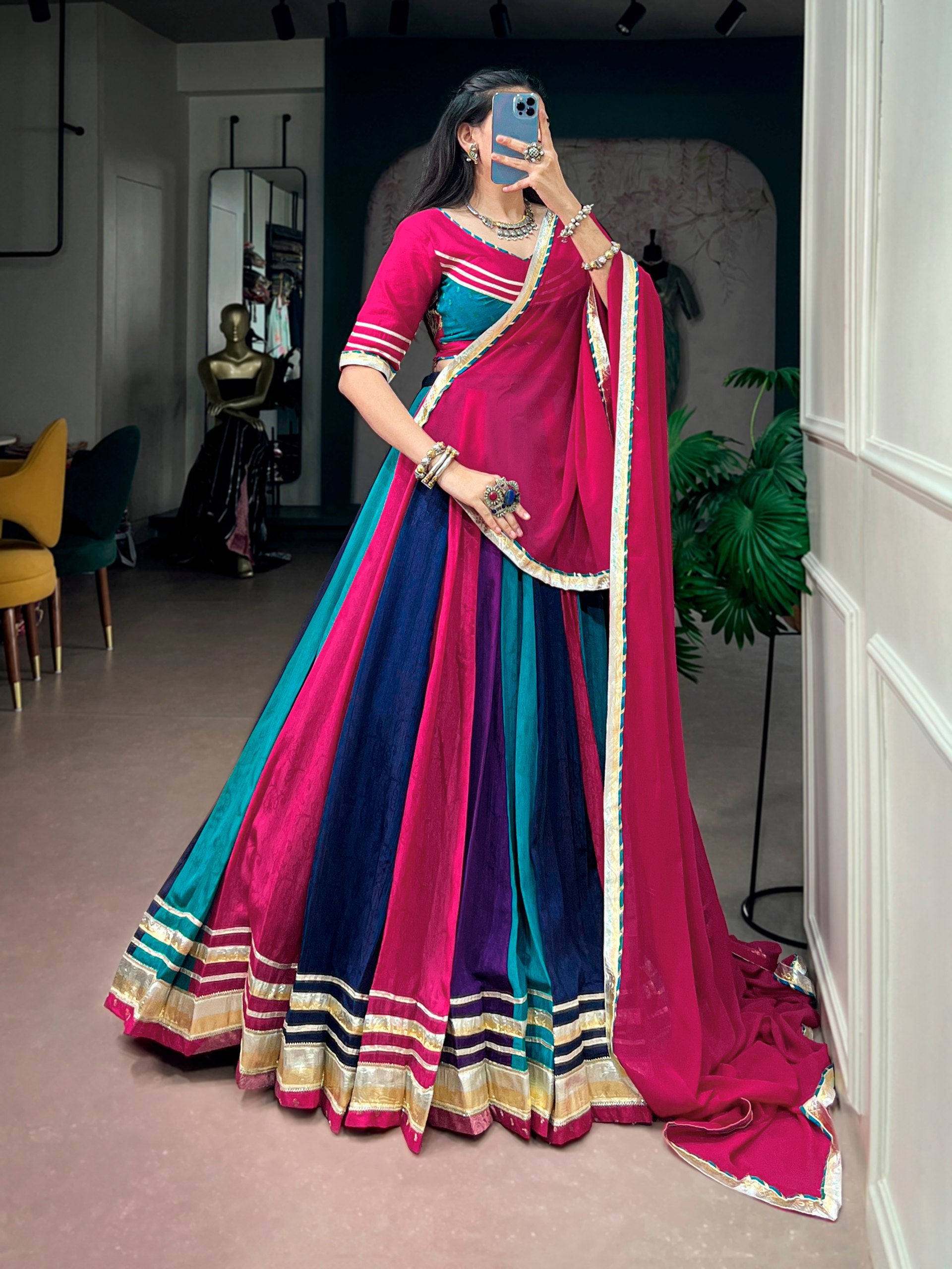 Rani Pink Teal & Navy Blue Chinon Navratri Lehenga Choli Set with Dupatta