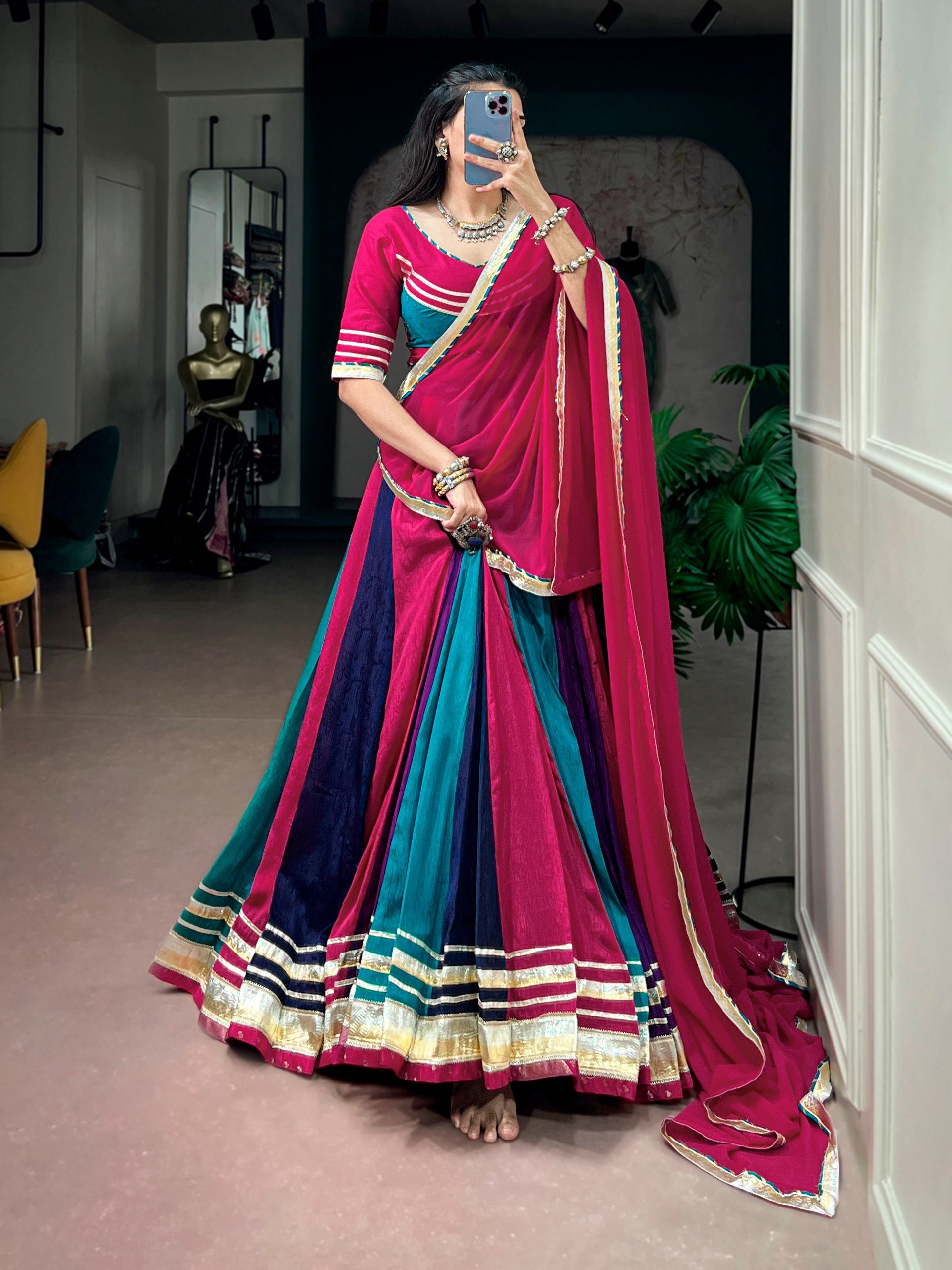 Rani Pink Teal & Navy Blue Chinon Navratri Lehenga Choli Set with Dupatta