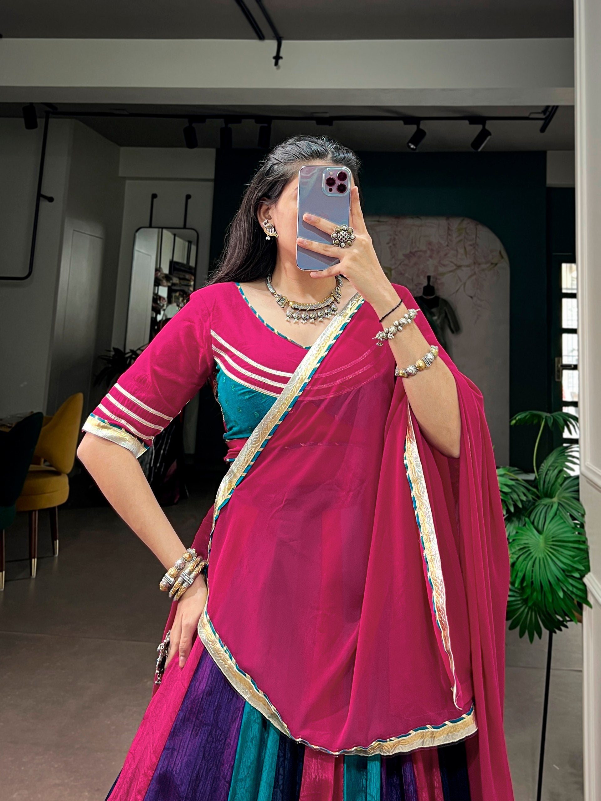 Rani Pink Teal & Navy Blue Chinon Navratri Lehenga Choli Set with Dupatta