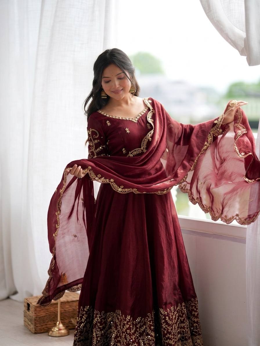 Maroon Fendy Silk Embroidered Anarkali Gown Set with Dupatta