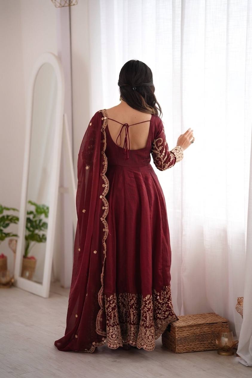 Maroon Fendy Silk Embroidered Anarkali Gown Set with Dupatta