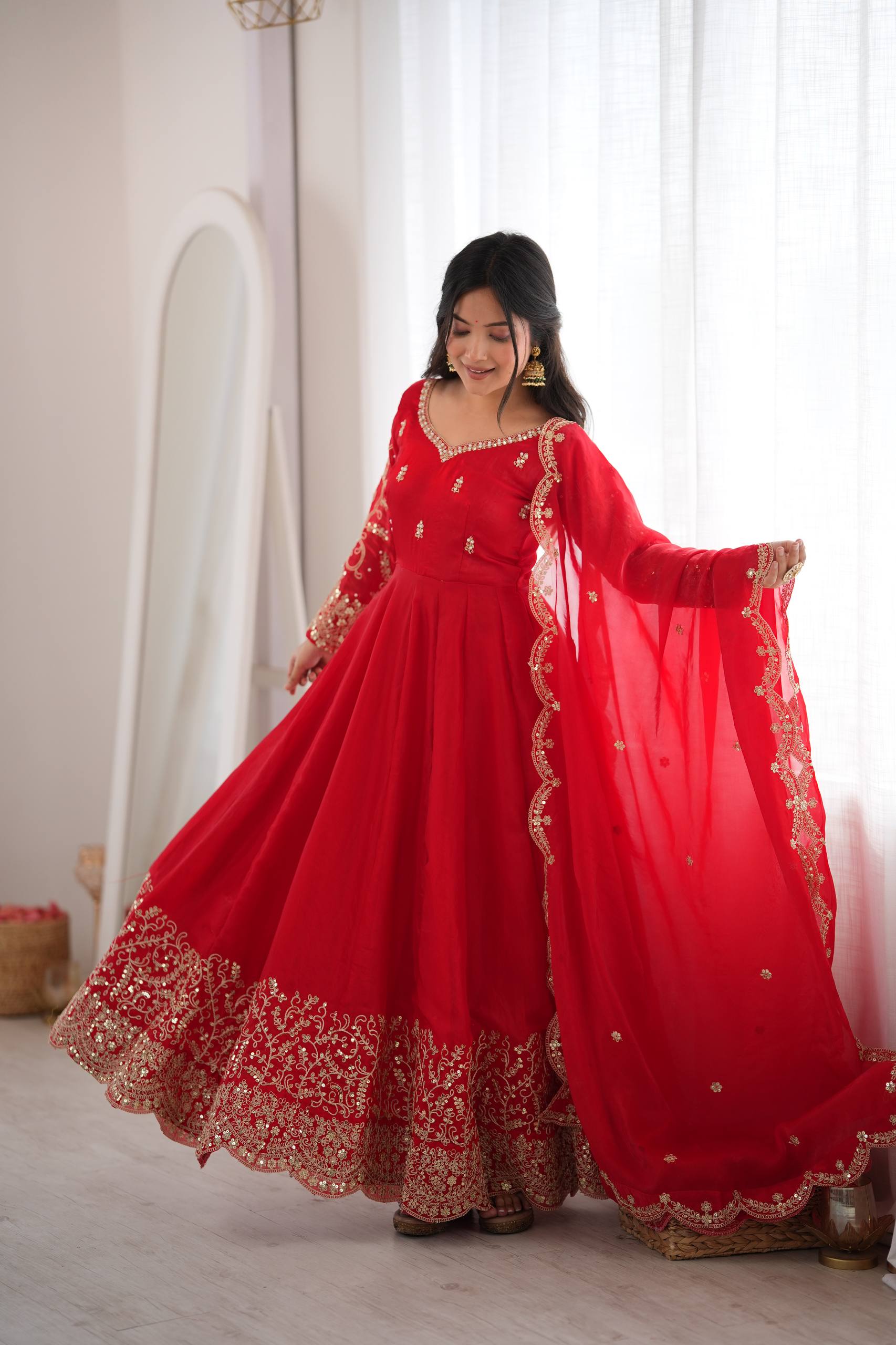 Red Fendy Silk Embroidered Anarkali Gown with Dupatta & Pant Set