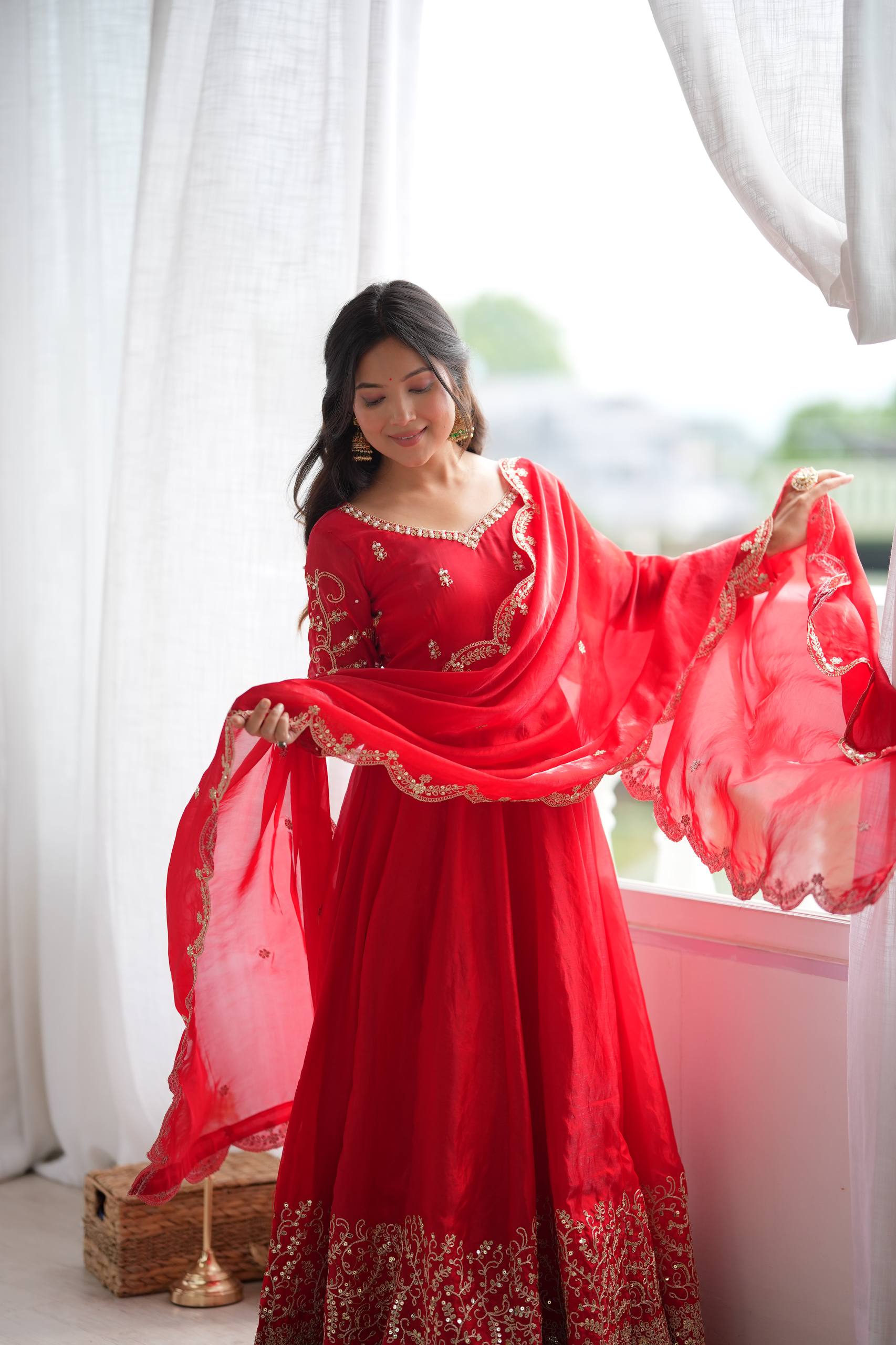 Red Fendy Silk Embroidered Anarkali Gown with Dupatta & Pant Set