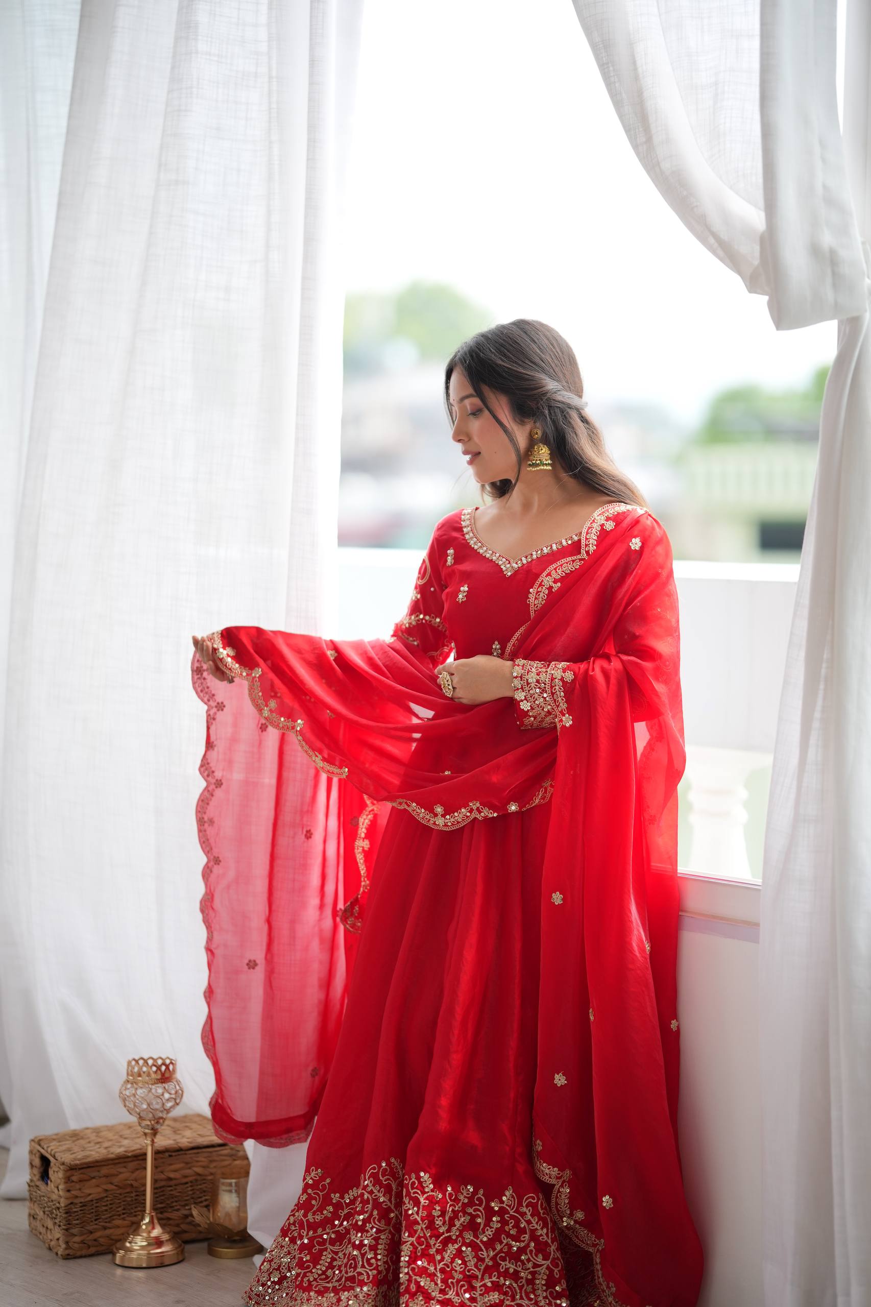 Red Fendy Silk Embroidered Anarkali Gown with Dupatta & Pant Set