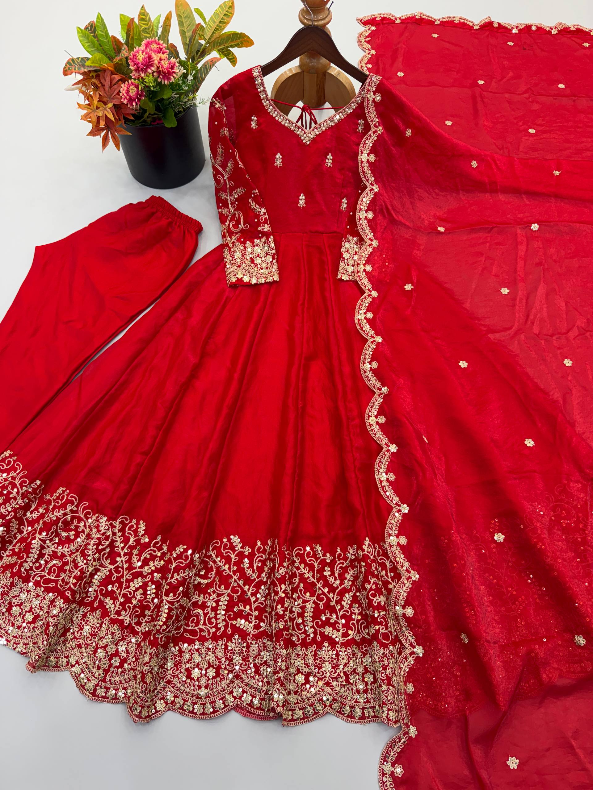 Red Fendy Silk Embroidered Anarkali Gown with Dupatta & Pant Set