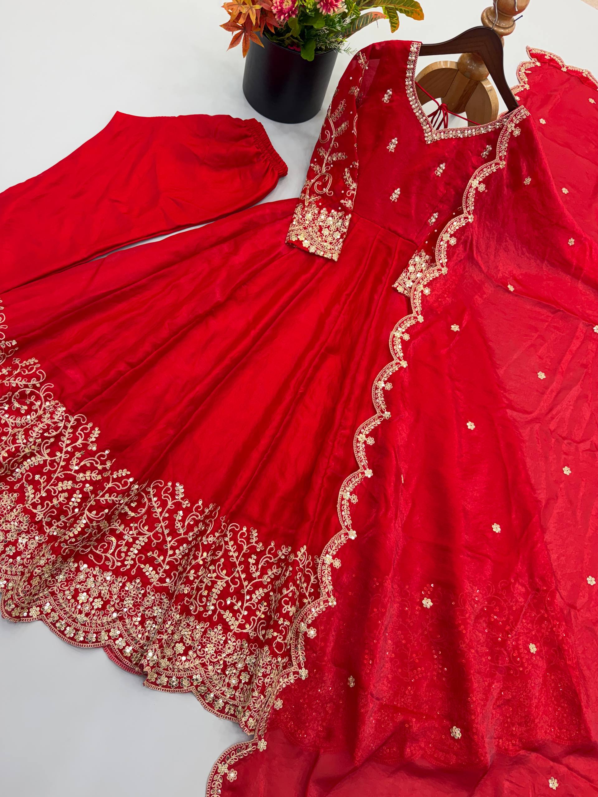 Red Fendy Silk Embroidered Anarkali Gown with Dupatta & Pant Set