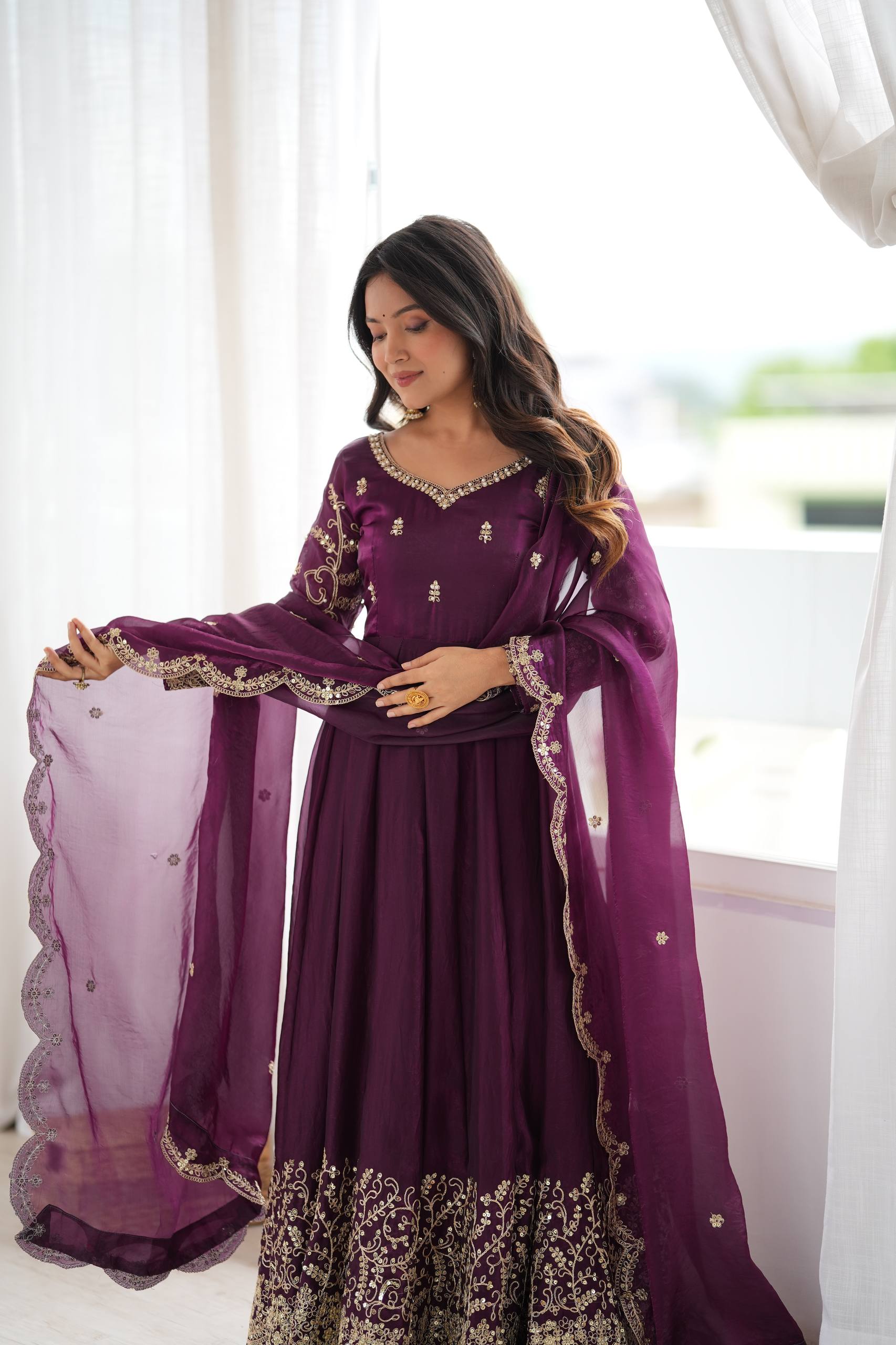Purple Fendy Silk Embroidered Anarkali Gown with Dupatta & Pant Set
