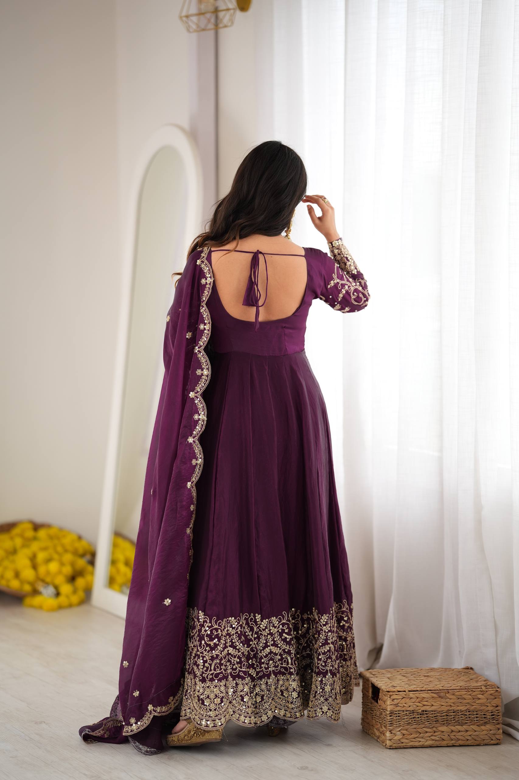 Purple Fendy Silk Embroidered Anarkali Gown with Dupatta & Pant Set